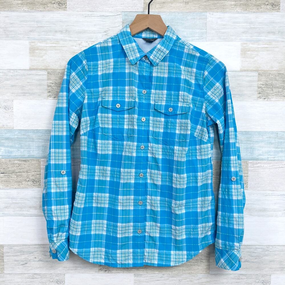 Eddie Bauer Nylon Hiking Shirt Blue Plaid Long Sleeve Outdoors Womens XS